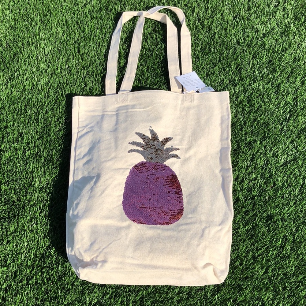 Canvas Pineapple sequins Tote Bag & matching Gold Pineapple Key Chain set.